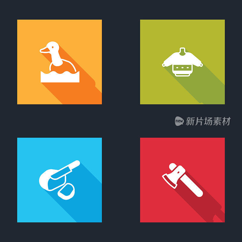 Set Flying duck, Christmas sweater, Peameal bacon and Wooden axe icon。向量